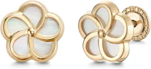 14k Yellow Gold Pinwheel Flower Stud Earrings with Mother of Pearl, Covered Screwback Closure for Girls and Women