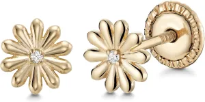 14k Yellow Gold Small Daisy Flower Earrings Stud with Diamond in Center Covered Screwback Closure