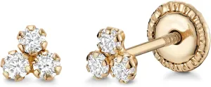14k Yellow Gold Stud Earrings with 3 Circles Trefoil Triangle, Covered Screwback Closure for Girls and Women