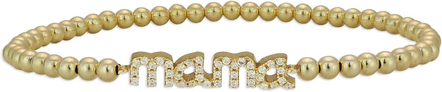 14KT Gold Filled Beaded Bracelet with Mama Pendant - Elegant Stretch Fit Jewelry Gift for Moms