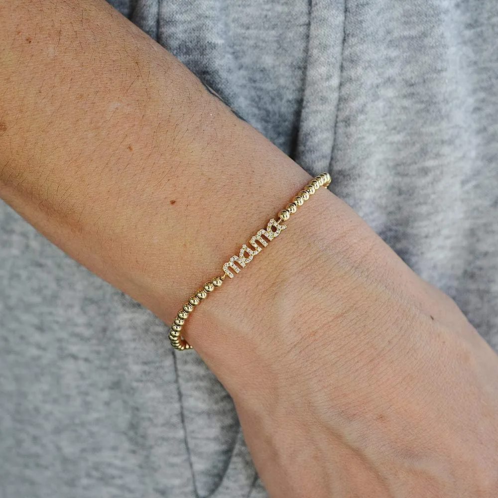 14KT Gold Filled Beaded Bracelet with Mama Pendant - Elegant Stretch Fit Jewelry Gift for Moms