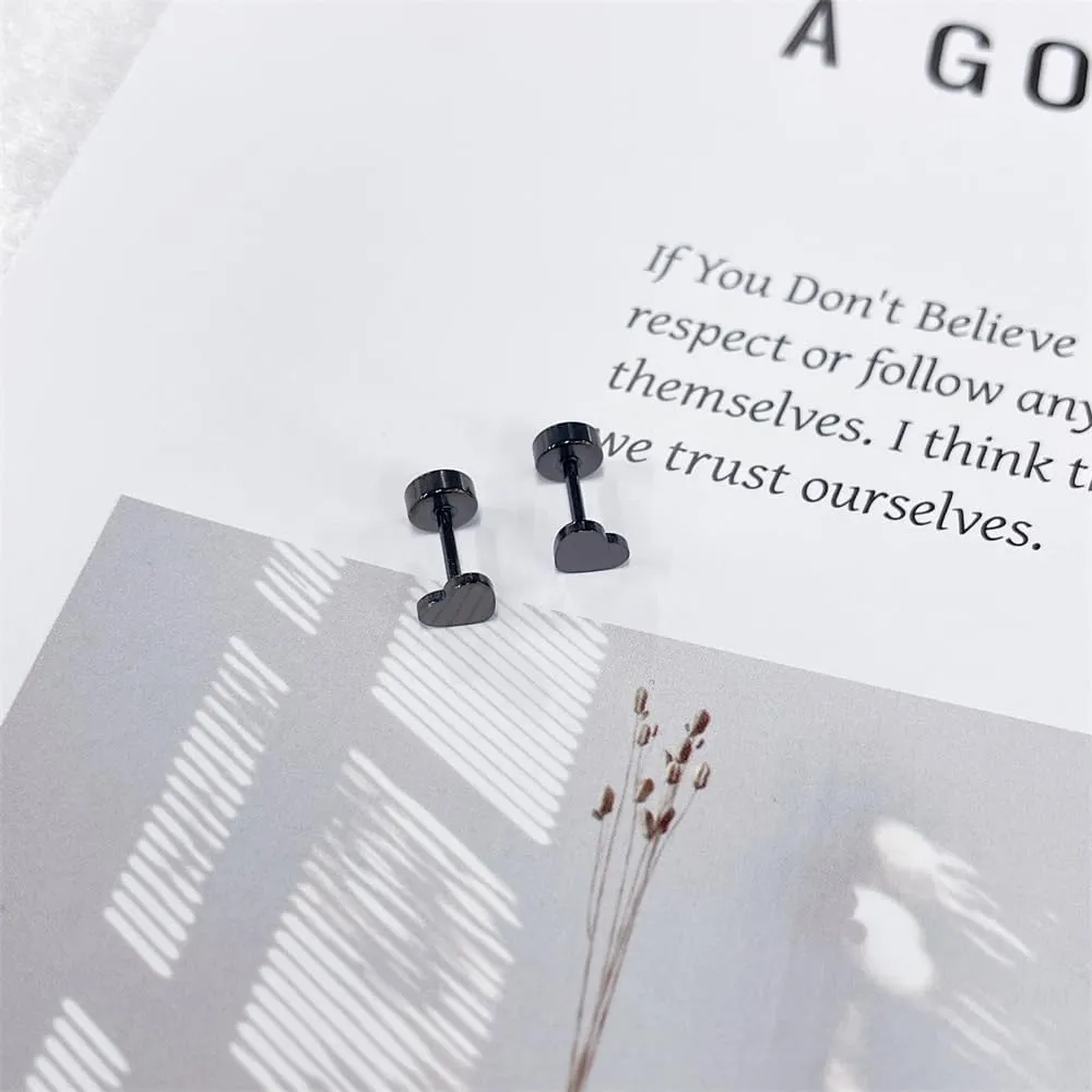 18g Heart Love Flat Back Small Stud Earrings for Women Cute Minimalist Stainless Steel Black Love Hearts Screw Catilage Tragus Piercing Sleeper Studs Hypoallergenic for Sensitive Ear