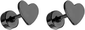 18g Heart Love Flat Back Small Stud Earrings for Women Cute Minimalist Stainless Steel Black Love Hearts Screw Catilage Tragus Piercing Sleeper Studs Hypoallergenic for Sensitive Ear