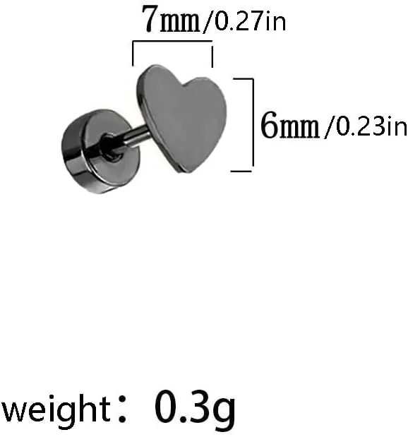 18g Heart Love Flat Back Small Stud Earrings for Women Cute Minimalist Stainless Steel Black Love Hearts Screw Catilage Tragus Piercing Sleeper Studs Hypoallergenic for Sensitive Ear