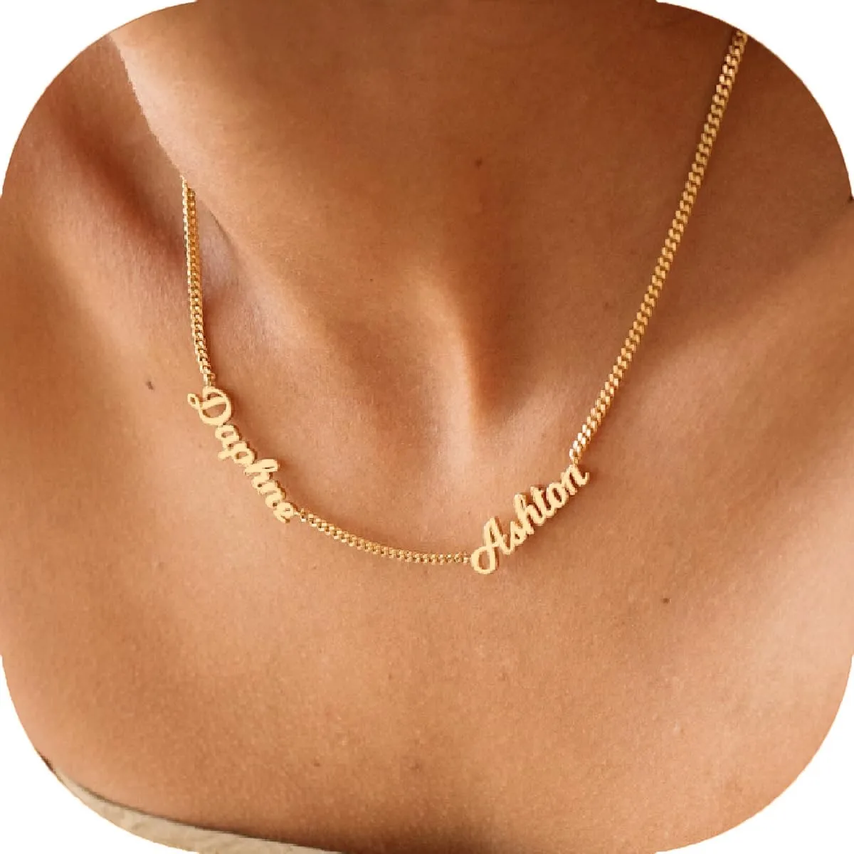 18K Gold Plated Name Necklace Personalized,Multiple Custom Name Necklace Family Necklace with Children Names Customized Choker Necklace for Women (2 Names with Curb Chain)