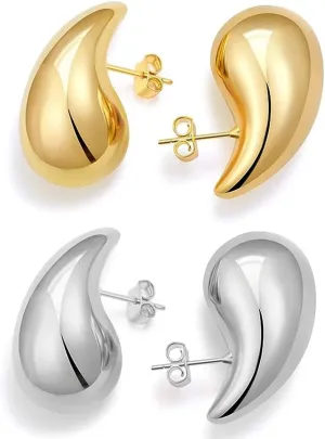 2 Pairs Chunky Gold Hoop Earrings for Women Lightweight 14K Gold Plated Chunky Gold Hoop Earrings Teardrop Open Hoops, Hypoallergenic Fashion Jewelry for Gift