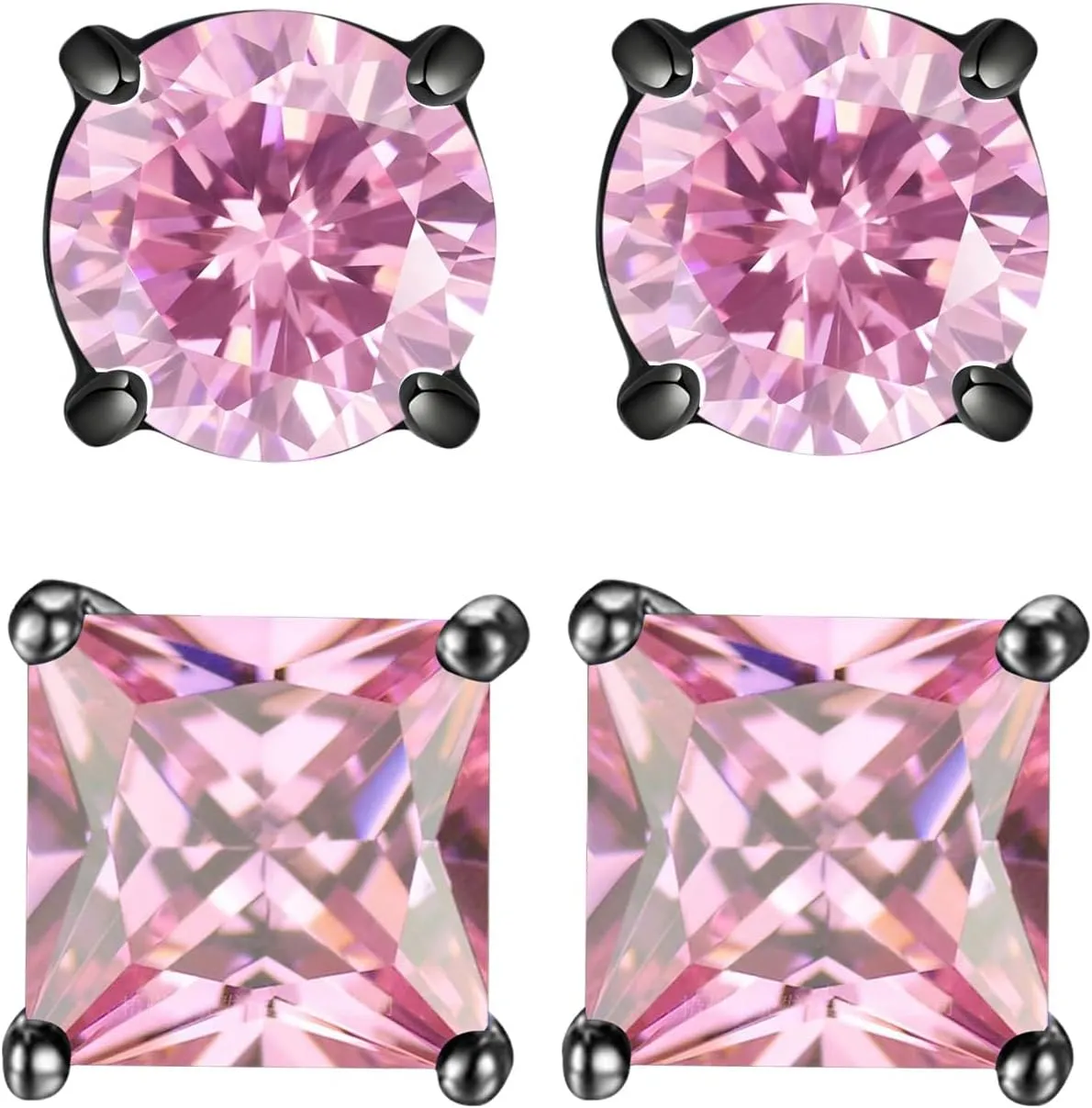 2 Pairs Hypoallergenic Mens Black CZ Stud Earrings Stainless Steel Princess Square Cut Cubic Zirconia Earring Studs for Sensitive Ears 6mm
