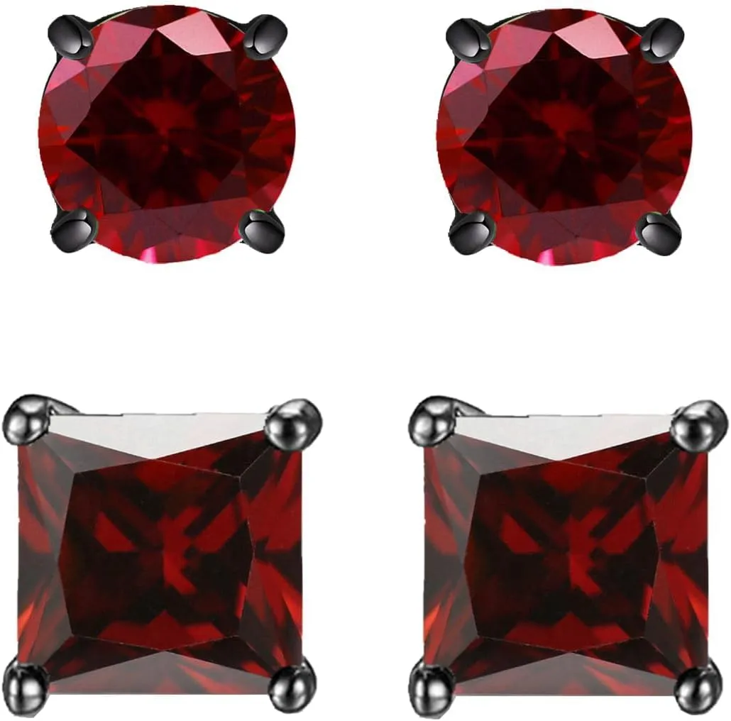 2 Pairs Hypoallergenic Mens Black CZ Stud Earrings Stainless Steel Princess Square Cut Cubic Zirconia Earring Studs for Sensitive Ears 6mm