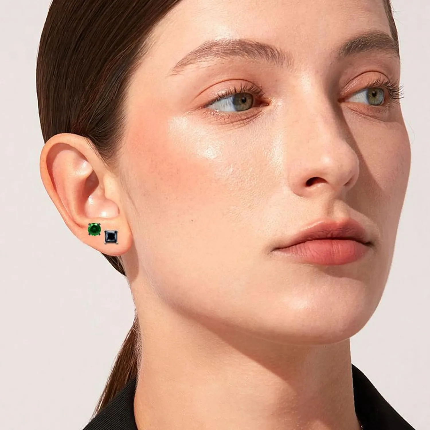 2 Pairs Hypoallergenic Mens Black CZ Stud Earrings Stainless Steel Princess Square Cut Cubic Zirconia Earring Studs for Sensitive Ears 6mm