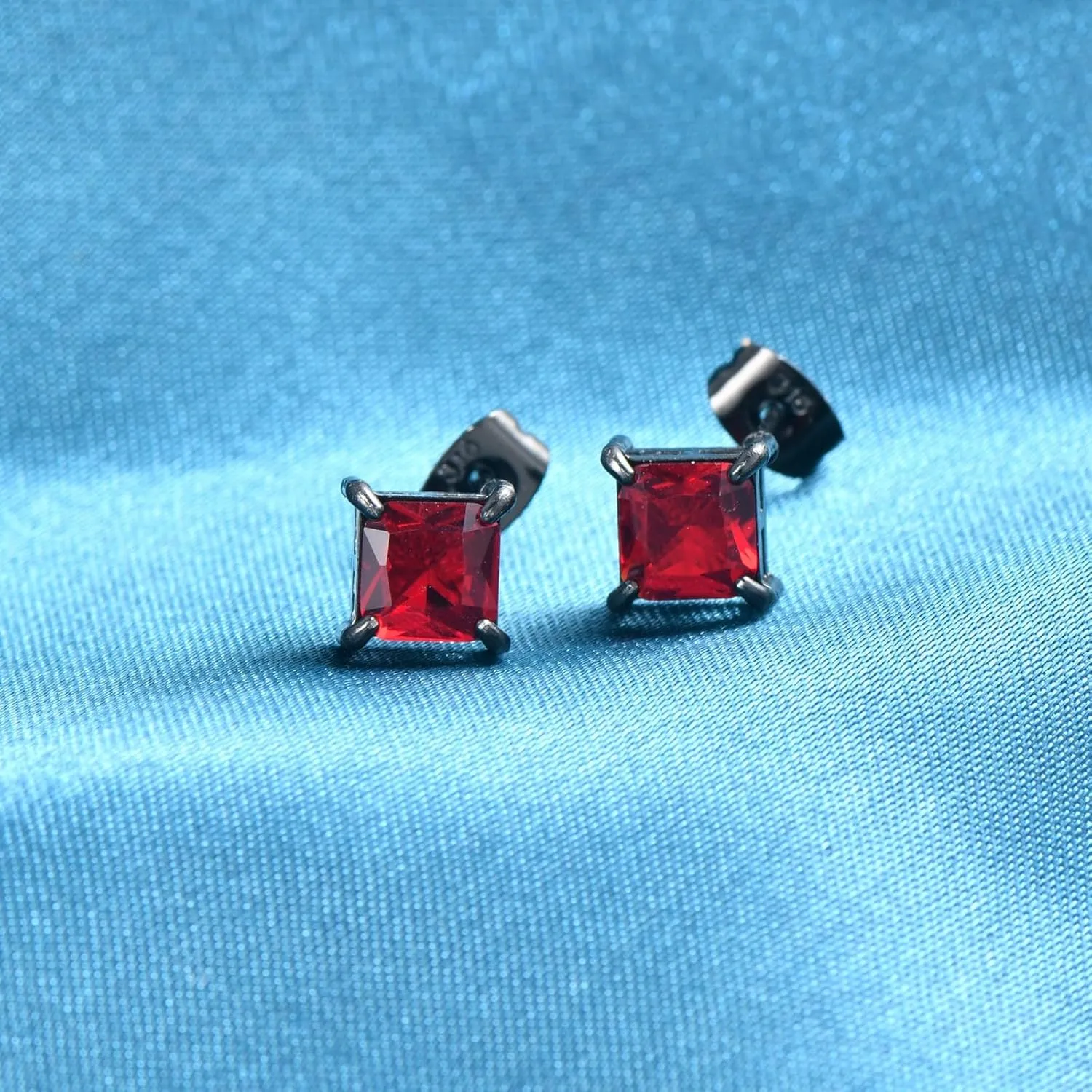 2 Pairs Hypoallergenic Mens Black CZ Stud Earrings Stainless Steel Princess Square Cut Cubic Zirconia Earring Studs for Sensitive Ears 6mm