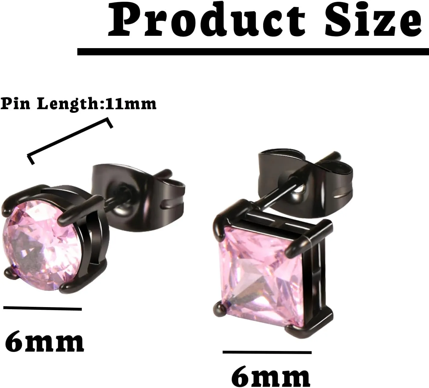 2 Pairs Hypoallergenic Mens Black CZ Stud Earrings Stainless Steel Princess Square Cut Cubic Zirconia Earring Studs for Sensitive Ears 6mm