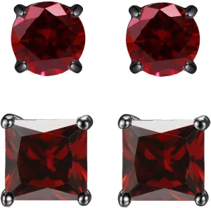 2 Pairs Hypoallergenic Mens Black CZ Stud Earrings Stainless Steel Princess Square Cut Cubic Zirconia Earring Studs for Sensitive Ears 6mm