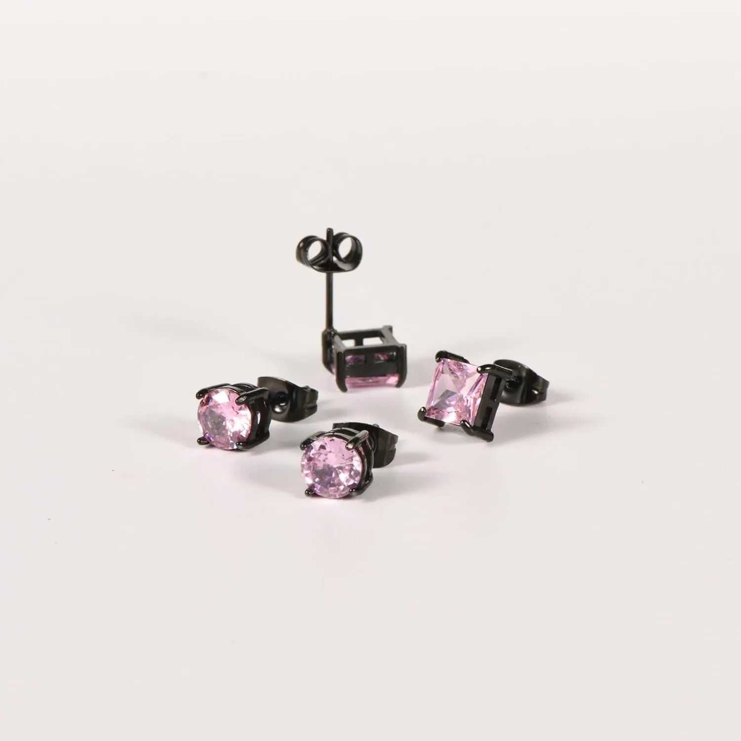 2 Pairs Hypoallergenic Mens Black CZ Stud Earrings Stainless Steel Princess Square Cut Cubic Zirconia Earring Studs for Sensitive Ears 6mm