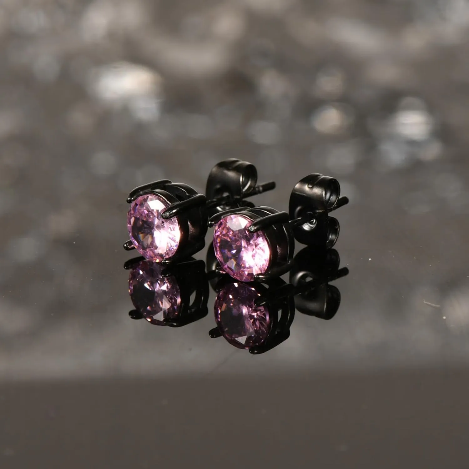 2 Pairs Hypoallergenic Mens Black CZ Stud Earrings Stainless Steel Princess Square Cut Cubic Zirconia Earring Studs for Sensitive Ears 6mm