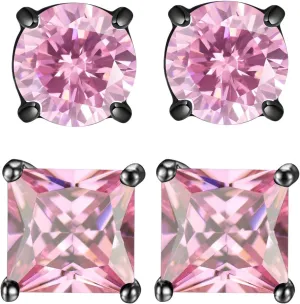 2 Pairs Hypoallergenic Mens Black CZ Stud Earrings Stainless Steel Princess Square Cut Cubic Zirconia Earring Studs for Sensitive Ears 6mm