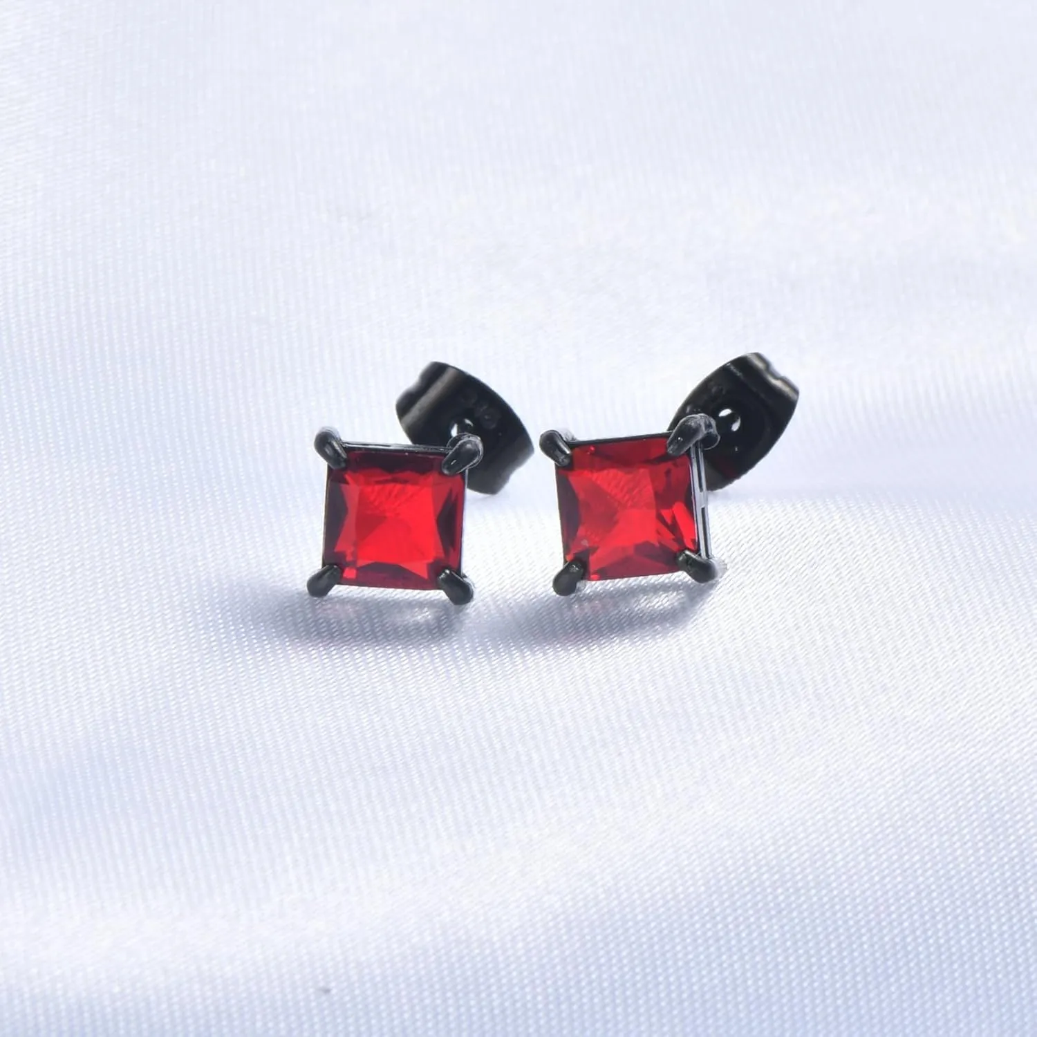 2 Pairs Hypoallergenic Mens Black CZ Stud Earrings Stainless Steel Princess Square Cut Cubic Zirconia Earring Studs for Sensitive Ears 6mm