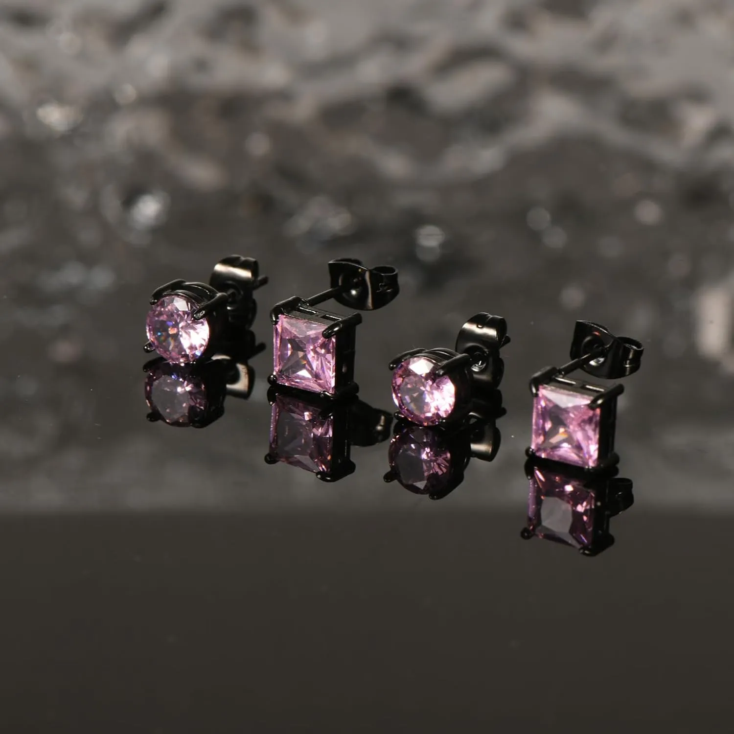2 Pairs Hypoallergenic Mens Black CZ Stud Earrings Stainless Steel Princess Square Cut Cubic Zirconia Earring Studs for Sensitive Ears 6mm