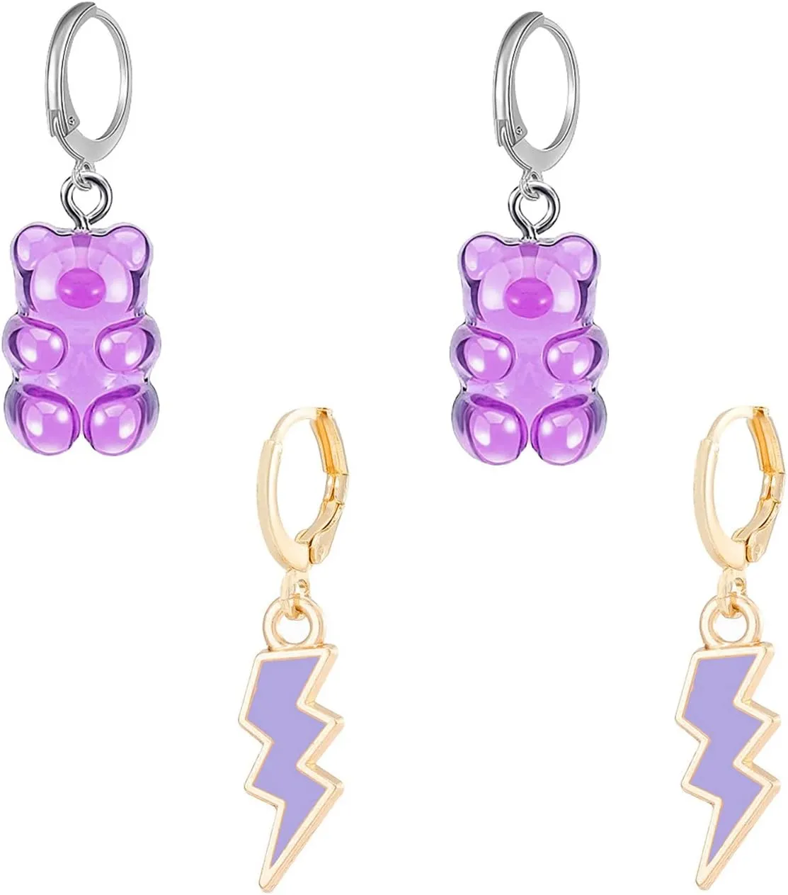 2 Pcs/Set Colorful Flash Lightning Bolt Candy Bear Hoop Huggie Earrings for Women Gummy Resin Panda Bear Earring Sets Jewelry