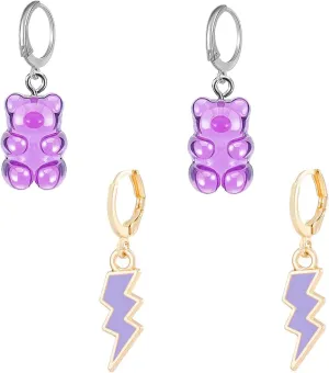2 Pcs/Set Colorful Flash Lightning Bolt Candy Bear Hoop Huggie Earrings for Women Gummy Resin Panda Bear Earring Sets Jewelry
