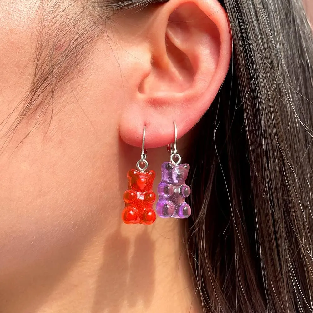2 Pcs/Set Colorful Flash Lightning Bolt Candy Bear Hoop Huggie Earrings for Women Gummy Resin Panda Bear Earring Sets Jewelry