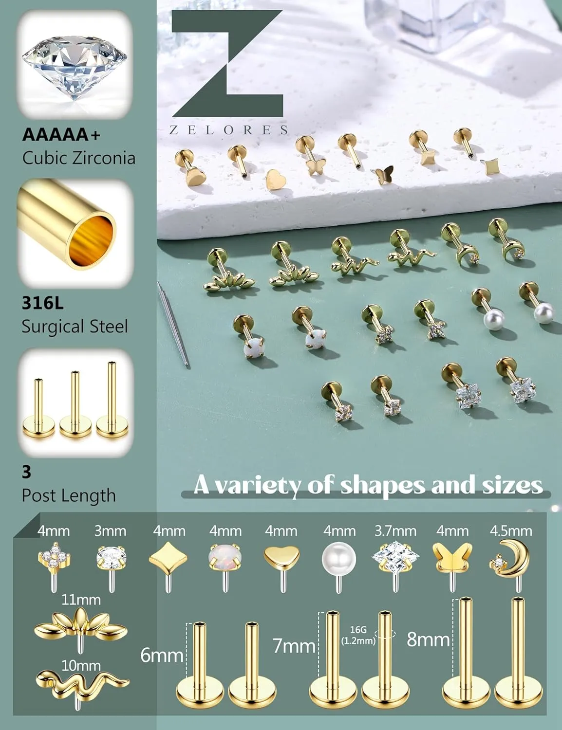 20G/16G Threadless Flat Back Earrings for Women 316L Surgical Steel Push in CZ Cartilage Stud Earrings Hypoallergenic Nose Rings Studs Conch Tragus Body Piercing Jewelry 6mm 7mm 8mm Length