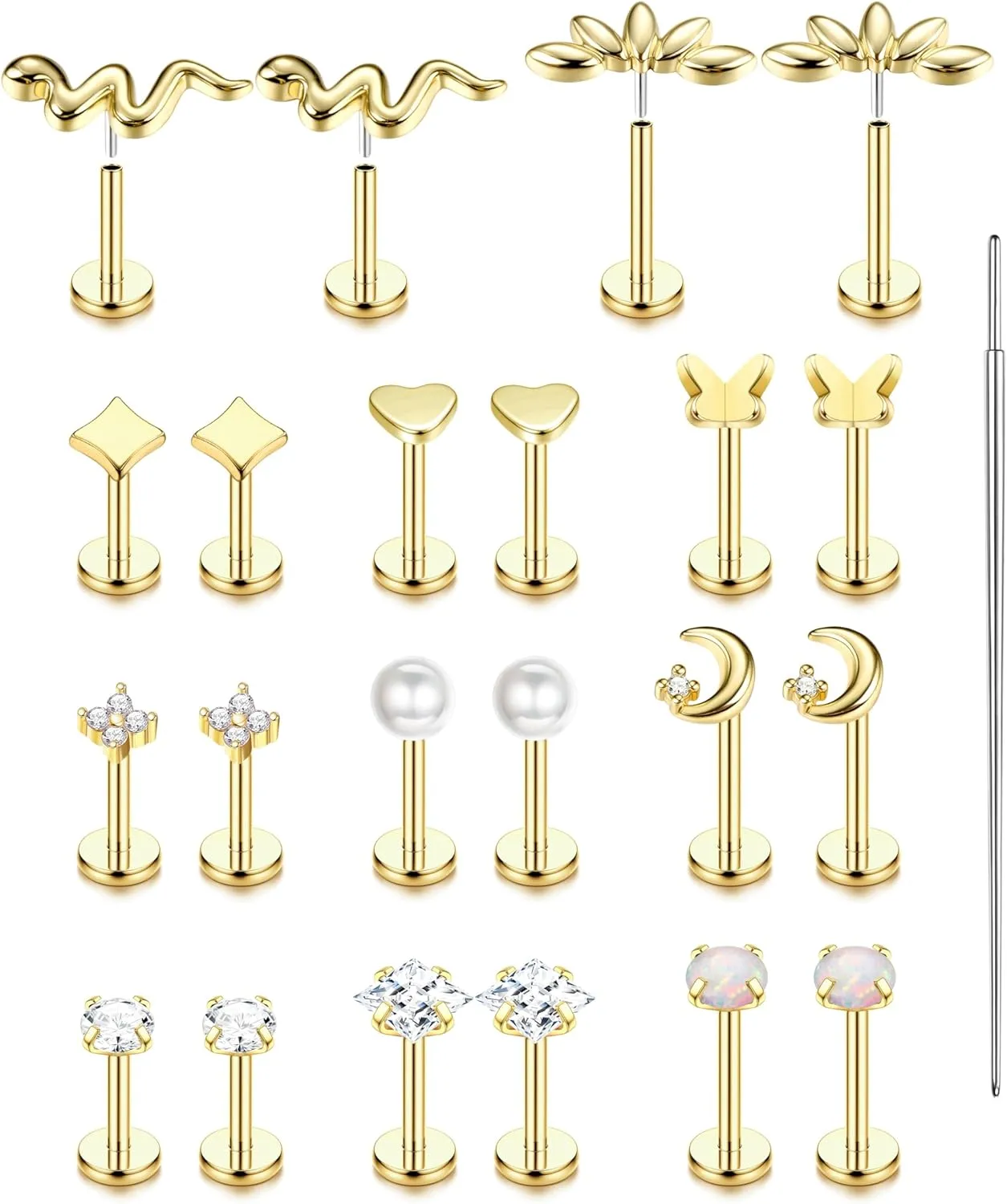 20G/16G Threadless Flat Back Earrings for Women 316L Surgical Steel Push in CZ Cartilage Stud Earrings Hypoallergenic Nose Rings Studs Conch Tragus Body Piercing Jewelry 6mm 7mm 8mm Length