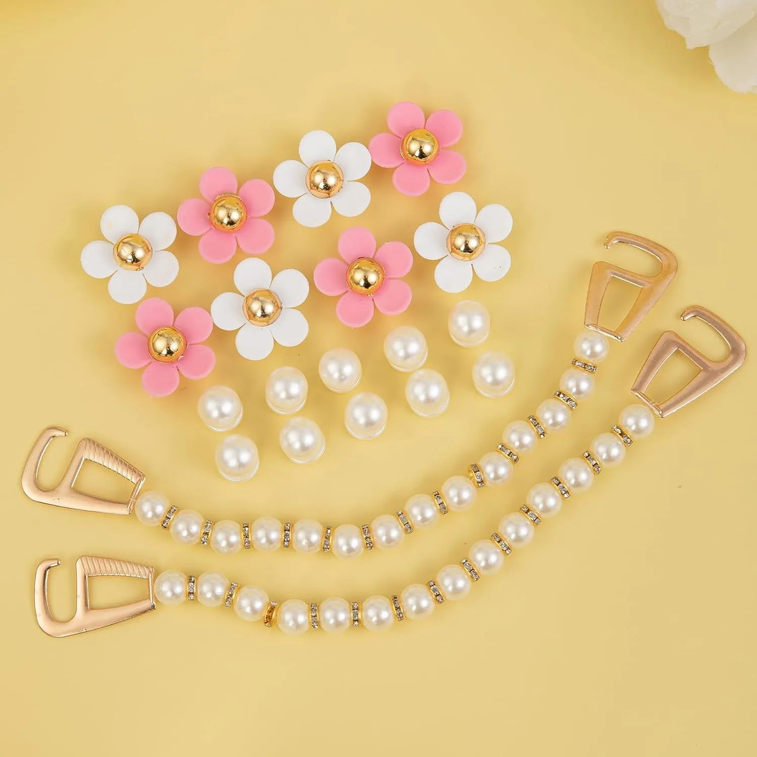 20Pcs Shoe Charms Pearl Chain Flower Charms, Cute and Sweet Shoe Accessories with Buttons, Sandals Decoration Gift for Women, Girls, Kids