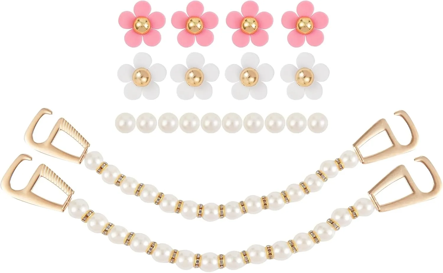 20Pcs Shoe Charms Pearl Chain Flower Charms, Cute and Sweet Shoe Accessories with Buttons, Sandals Decoration Gift for Women, Girls, Kids