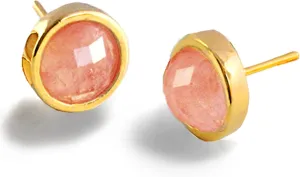 24K Gold Plated Gemstone Stud Earrings For Women | 10mm Round Stone Ear Studs
