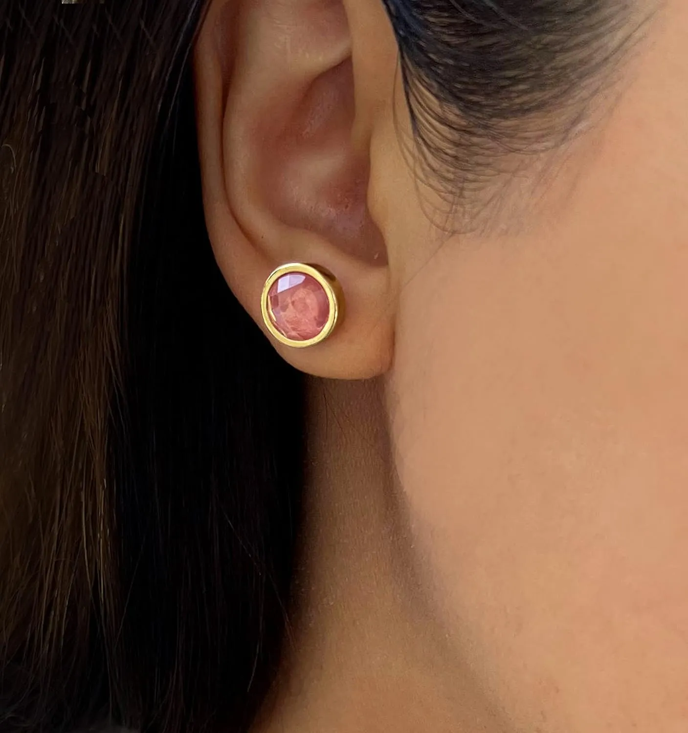 24K Gold Plated Gemstone Stud Earrings For Women | 10mm Round Stone Ear Studs