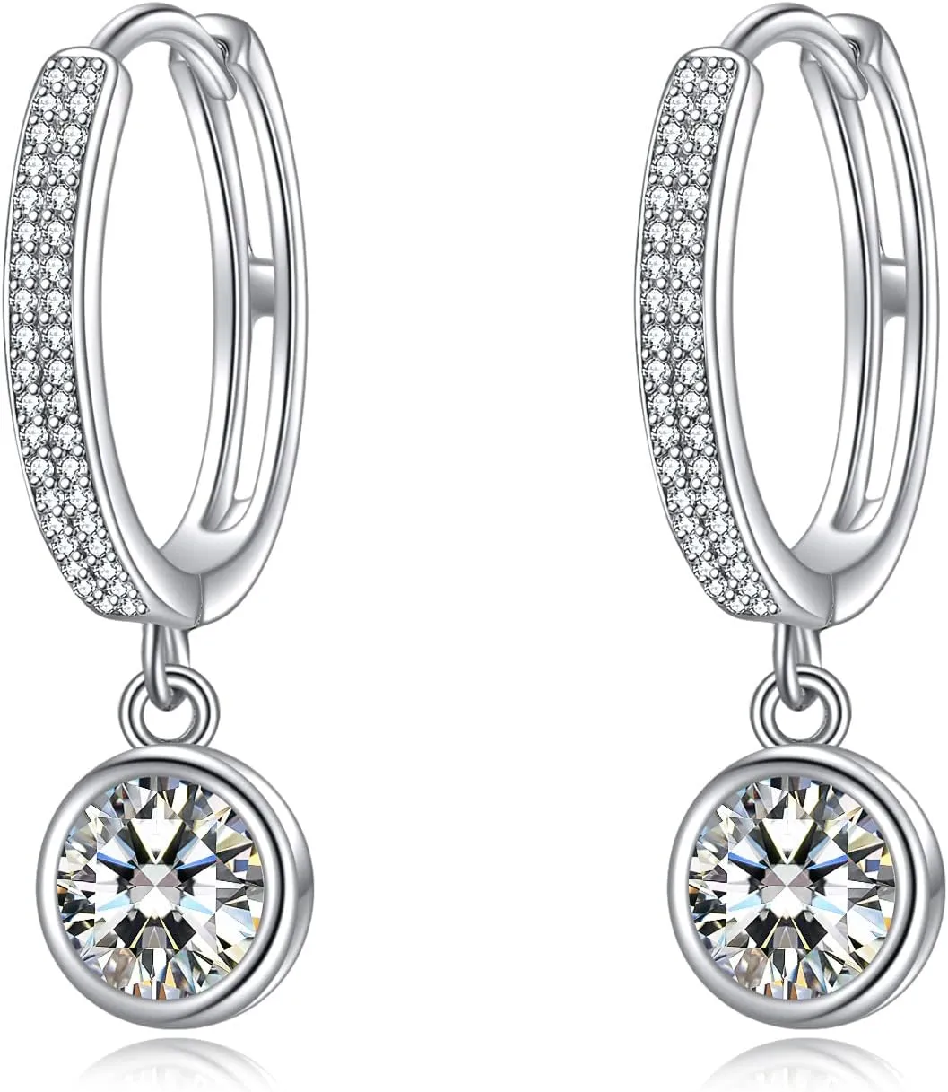 2CT Moissanite Hoop Earrings for Women, 18K White Gold Plated Sterling Silver Simulated Diamond Elegant Jewelry Moissanite Hoop Dangle Earrings Wedding Birthday Valentines Day Gift