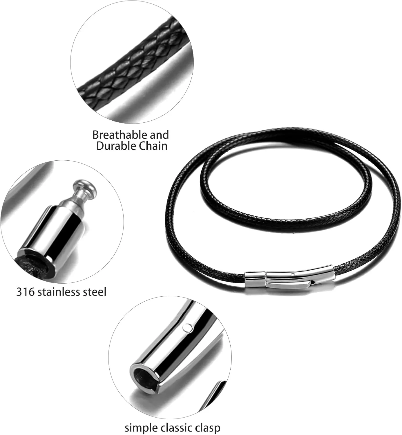 2mm 3mm Waterproof Braided Leather Cord Necklace with Durable Stainless Steel Snap Clasp Men Women Woven Wax Black/Brown String Rope Chain for DIY Pendant Length 16" 18" 20" 22" 24" 26" 28" 30"
