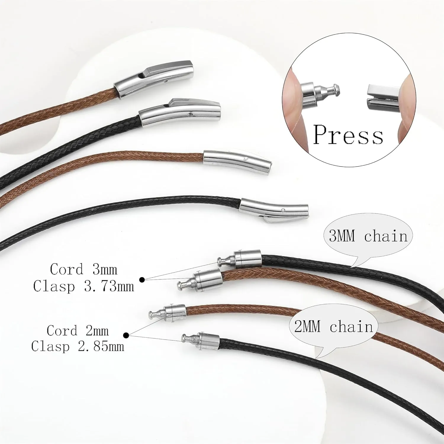 2mm 3mm Waterproof Braided Leather Cord Necklace with Durable Stainless Steel Snap Clasp Men Women Woven Wax Black/Brown String Rope Chain for DIY Pendant Length 16" 18" 20" 22" 24" 26" 28" 30"