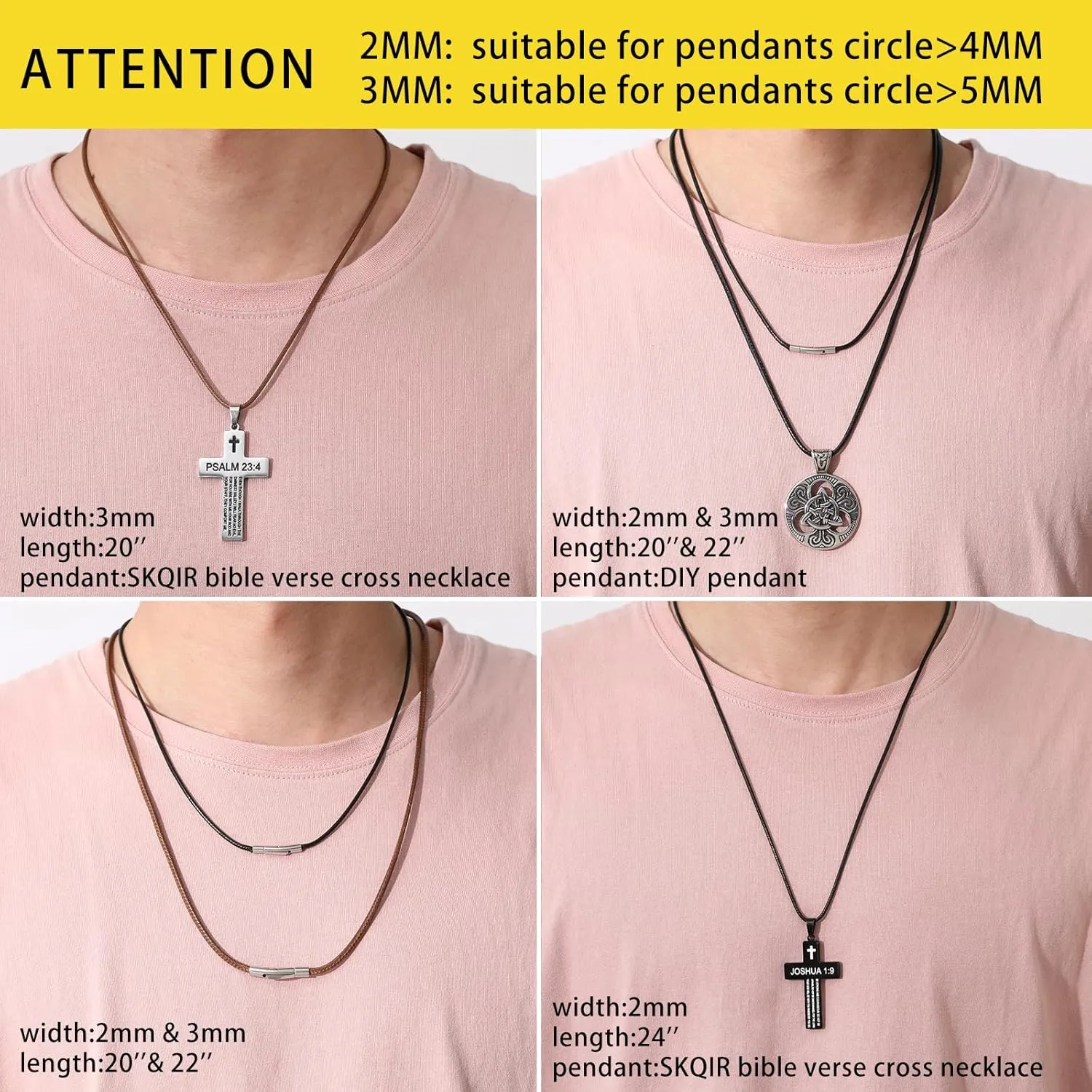 2mm 3mm Waterproof Braided Leather Cord Necklace with Durable Stainless Steel Snap Clasp Men Women Woven Wax Black/Brown String Rope Chain for DIY Pendant Length 16" 18" 20" 22" 24" 26" 28" 30"