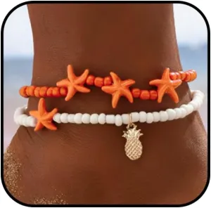 2Pcs Starfish Ankle Bracelet for Women Gold Pineapple Beaded Anklet Red Blue Starfish Layered Anklet Boho Fruit Memorial Ankle Bracelet Summer Beach Jewelry Accessories