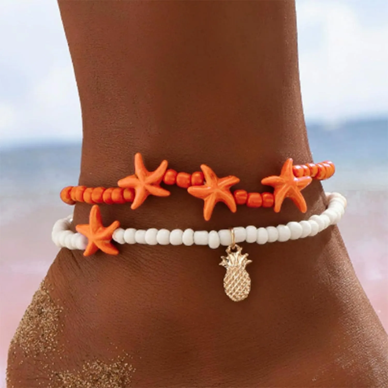 2Pcs Starfish Ankle Bracelet for Women Gold Pineapple Beaded Anklet Red Blue Starfish Layered Anklet Boho Fruit Memorial Ankle Bracelet Summer Beach Jewelry Accessories