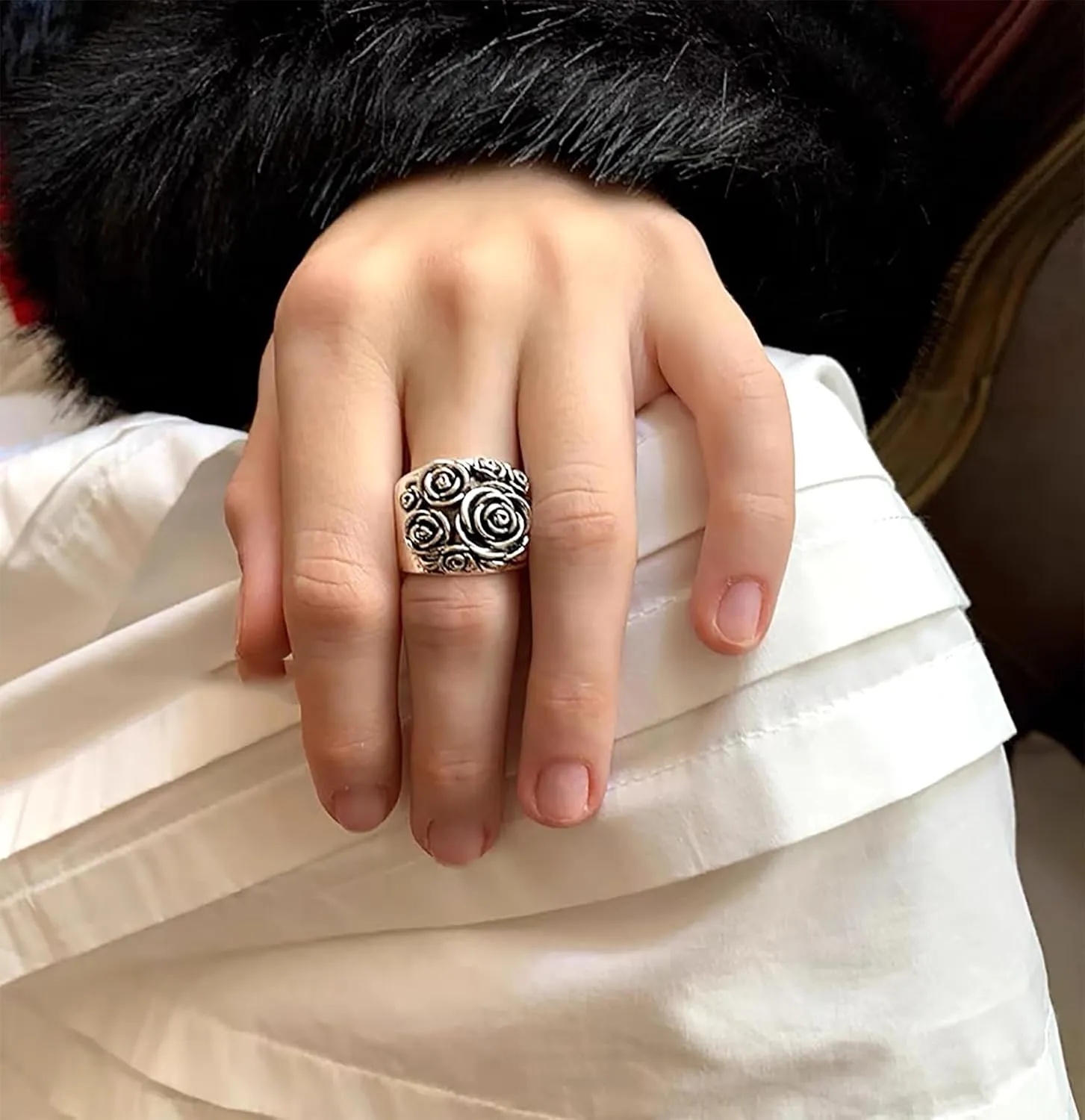 2pcs Vintage rose ring pack for women, 3D 925 Sterling Silver flower ring Promise Statement wedding anniversary Cocktail Party Chunky band Ring Jewelry Gifts for teen girls