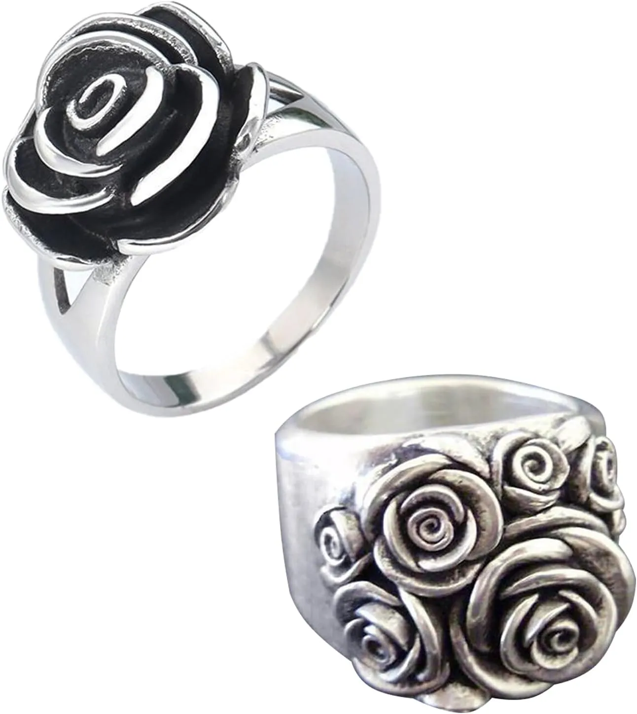 2pcs Vintage rose ring pack for women, 3D 925 Sterling Silver flower ring Promise Statement wedding anniversary Cocktail Party Chunky band Ring Jewelry Gifts for teen girls