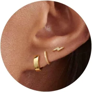 3 Pairs Gold Hoop Earrings Stack Set for Multiple Piercings,14K Gold Plated Tiny Trendy Huggie&stud Ear ring Stackings for Women, Hypoallergenic Stackable Cartilage Non Tarnish Hoops Gifts