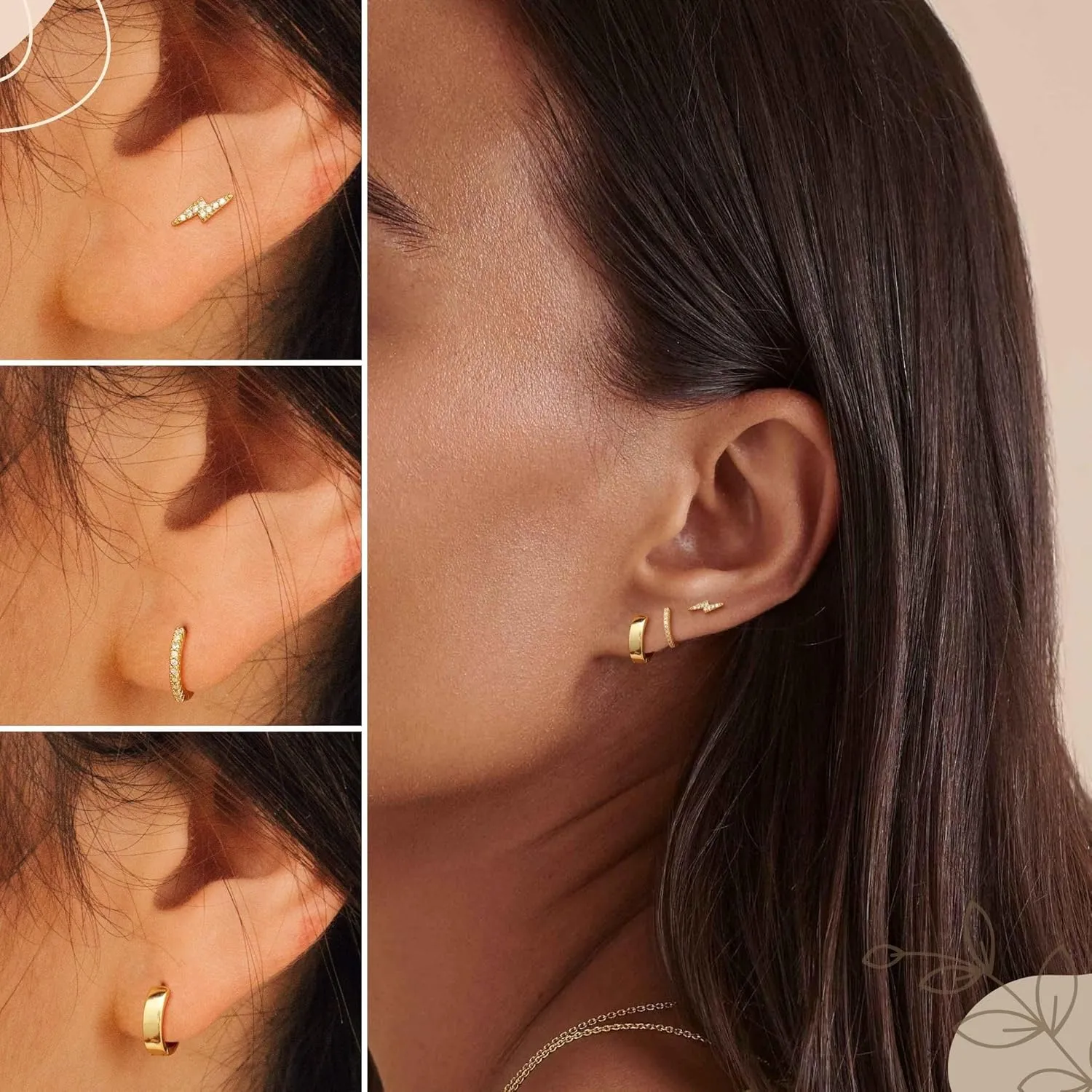 3 Pairs Gold Hoop Earrings Stack Set for Multiple Piercings,14K Gold Plated Tiny Trendy Huggie&stud Ear ring Stackings for Women, Hypoallergenic Stackable Cartilage Non Tarnish Hoops Gifts