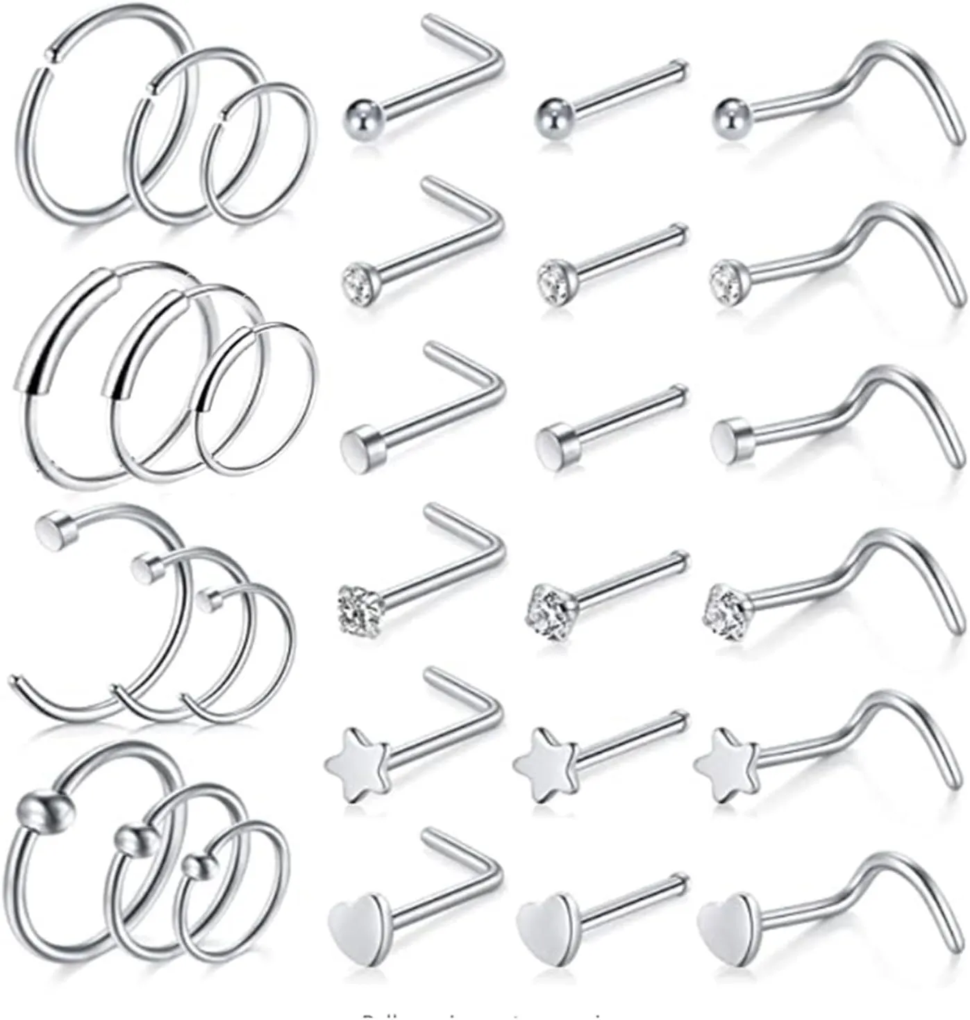 30 PCS Nose Pericinging Earrings, Rose Gold Stainless Steel Nose Rings for Women Studs and Hoop Star with Cubic Zirconia
