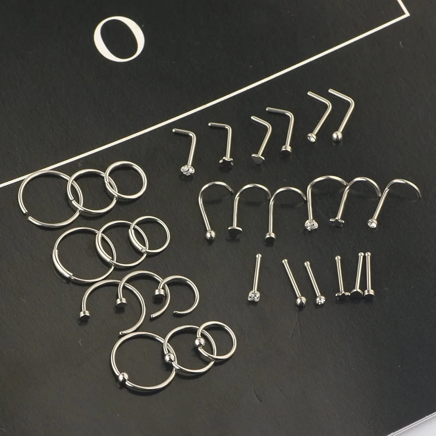30 PCS Nose Pericinging Earrings, Rose Gold Stainless Steel Nose Rings for Women Studs and Hoop Star with Cubic Zirconia