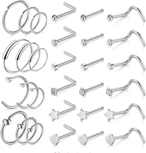 30 PCS Nose Pericinging Earrings, Rose Gold Stainless Steel Nose Rings for Women Studs and Hoop Star with Cubic Zirconia