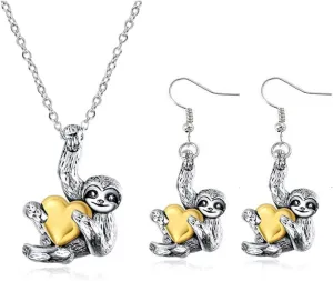 3D Solid Metal Sloth Pendant Necklace Earrings Sweet Heart Lovely Animal Necklace for Women