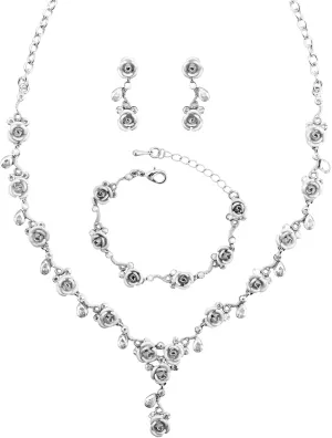 3PCS Elegant Leaf Cluster Flower Austrian Crystal Pendant Necklace Earring Bracelet Wedding Bridal Jewelry Set for Women