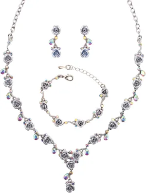 3PCS Elegant Leaf Cluster Flower Austrian Crystal Pendant Necklace Earring Bracelet Wedding Bridal Jewelry Set for Women