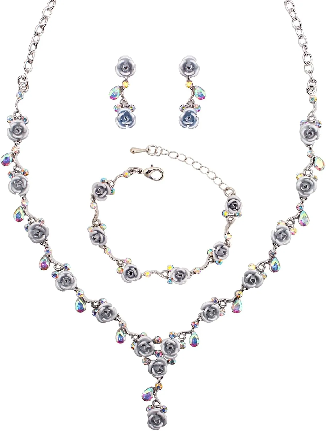 3PCS Elegant Leaf Cluster Flower Austrian Crystal Pendant Necklace Earring Bracelet Wedding Bridal Jewelry Set for Women