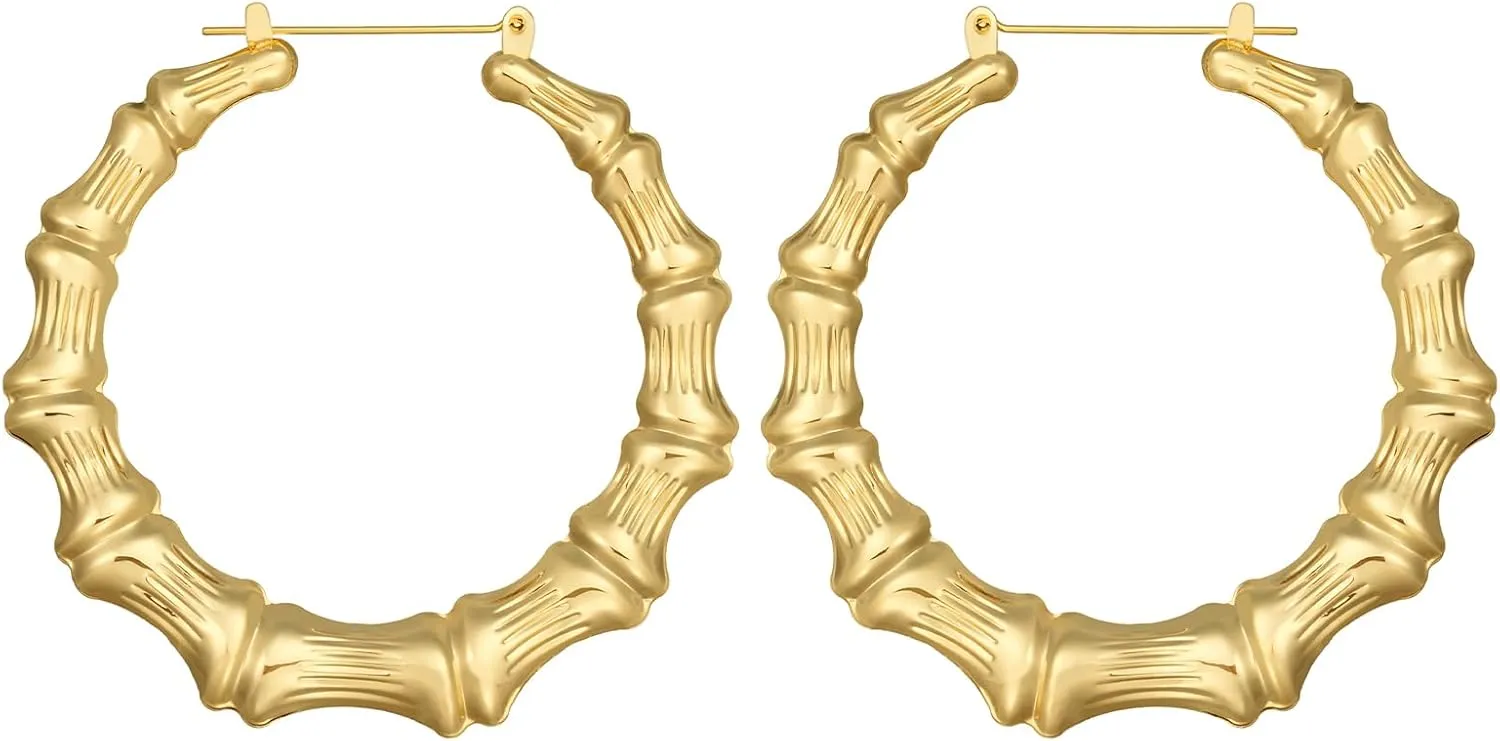 3UMeter Bamboo Earrings for Women 90s Bamboo Hoop Earrings 18k Gold Plated Stainless Steel Hip-hop Accessories for Women Girls 50 70 90mm
