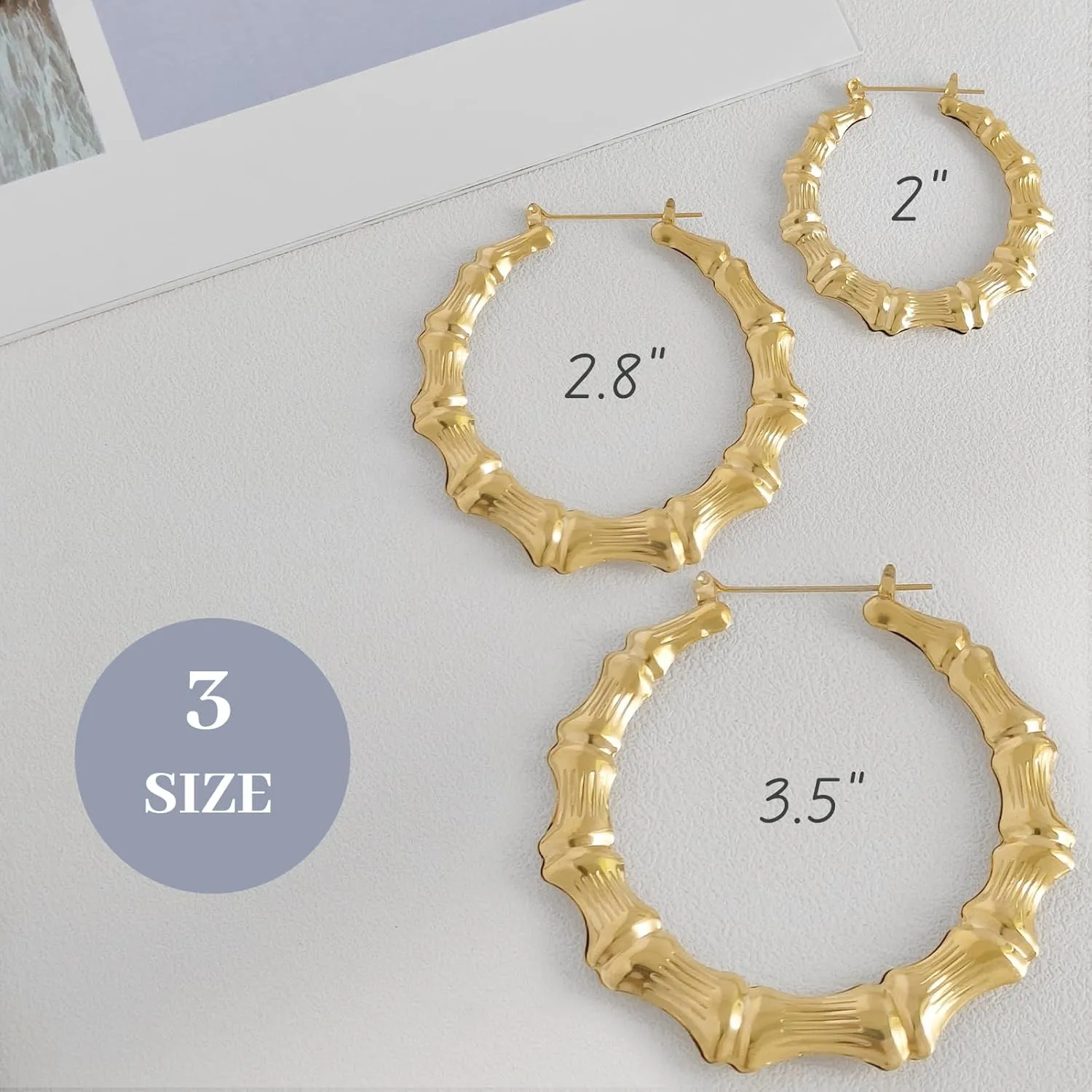 3UMeter Bamboo Earrings for Women 90s Bamboo Hoop Earrings 18k Gold Plated Stainless Steel Hip-hop Accessories for Women Girls 50 70 90mm