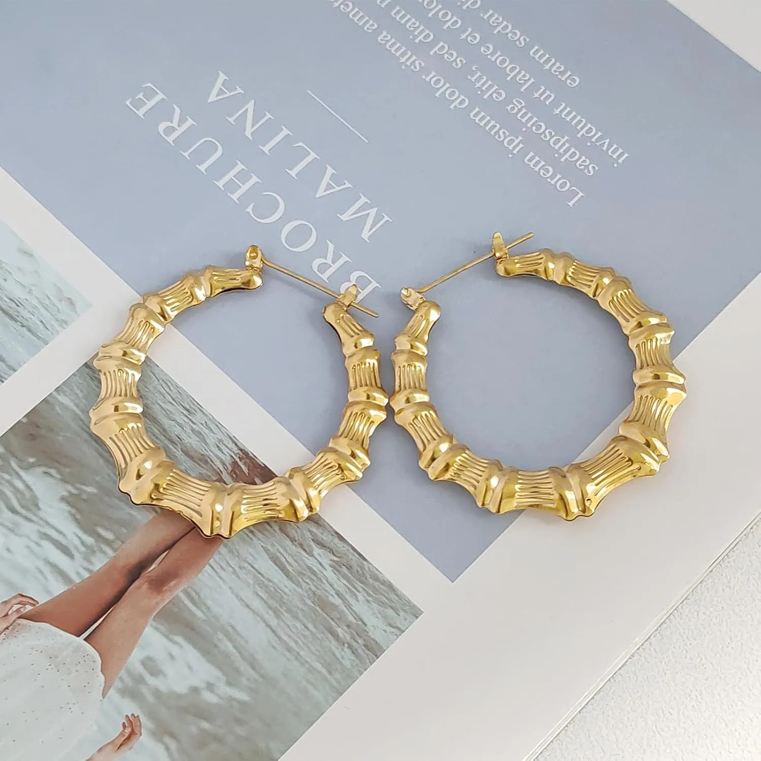 3UMeter Bamboo Earrings for Women 90s Bamboo Hoop Earrings 18k Gold Plated Stainless Steel Hip-hop Accessories for Women Girls 50 70 90mm
